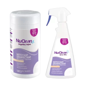 Nettoyant désinfectant surfaces médicales NUCLEAN, disponible en spray 500mL ou boîte de 120 lingettes