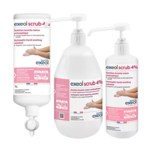 Lotion lavante antiseptique Exeol Scrub 4% chlorexidine, disponible en 500ml, 1L et 1L airless